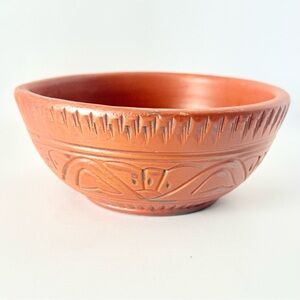 Vintage Terracotta Hand Crafted Pottery Bowl Carved Geometric Tribal Boho Decor